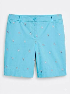 Talbots Light Blue Pink Flamingo Embroidered Chino Shorts Size 12 98%cotton